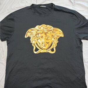 Versace Black Tee with Gold Medusa Emblem